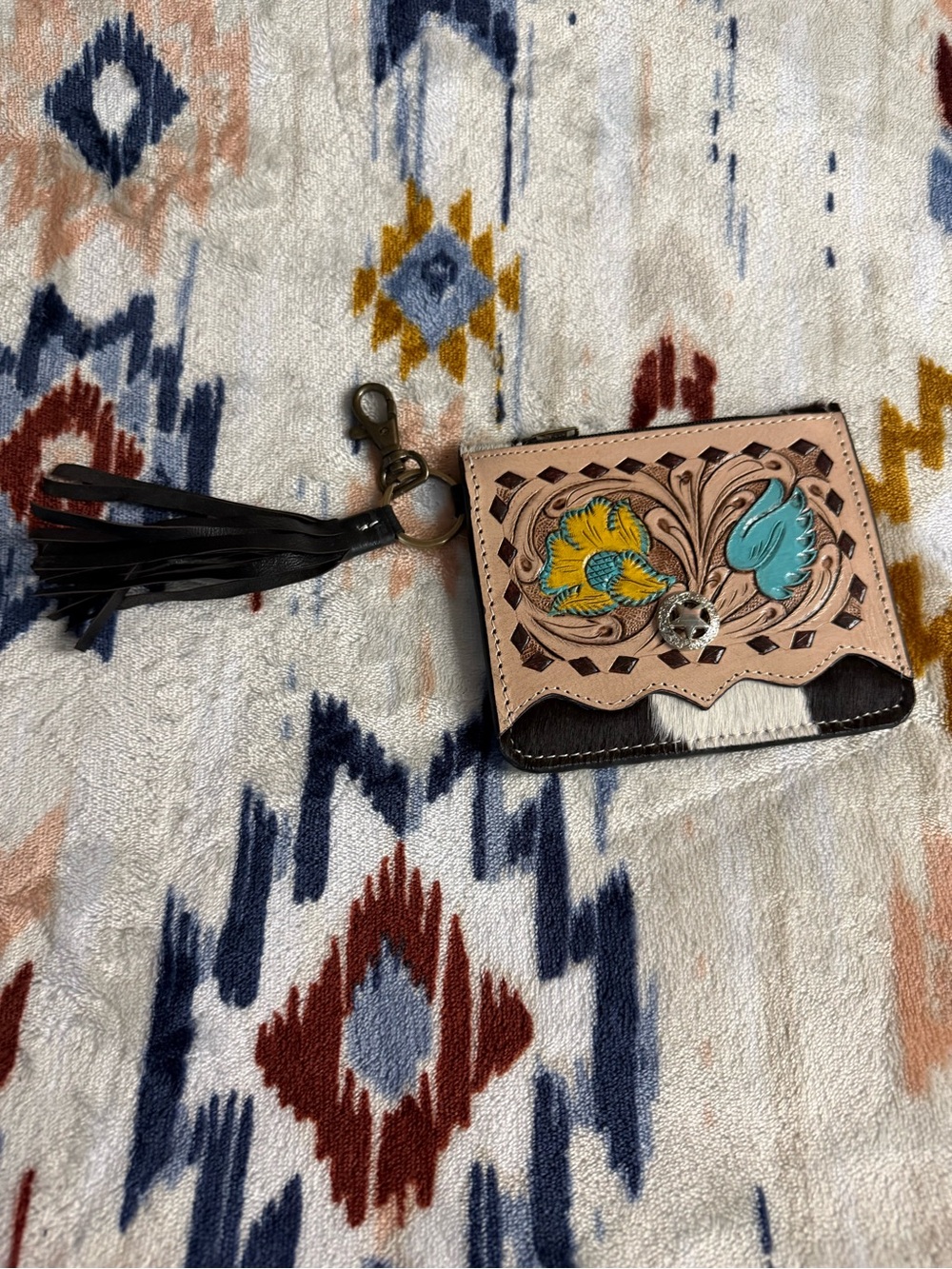 Tooled Leather Floral Card Wallet with Tassel Keychain